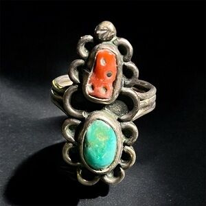 Native American Fred Harvey Era Silver Ring Coral Turquoise Sterling Silver 5.5
